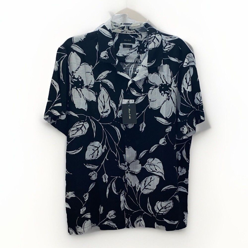 Men's Black and White Floral Button-Down Shirt